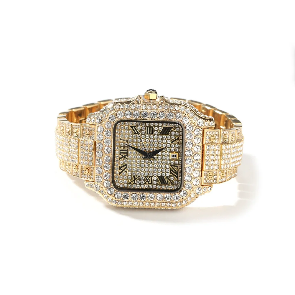 Orologi da uomo hip-hop europei e americani, moda, diamanti quadrati, orologi in scala romana, orologi con quadrante grande di fascia alta di nicchia