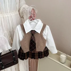 Childrens Clothing Set 2025 Autumn New Item Childrens Shirt Knitted Vest Short Skirt Three Piece Set Toddler Girl Clothes