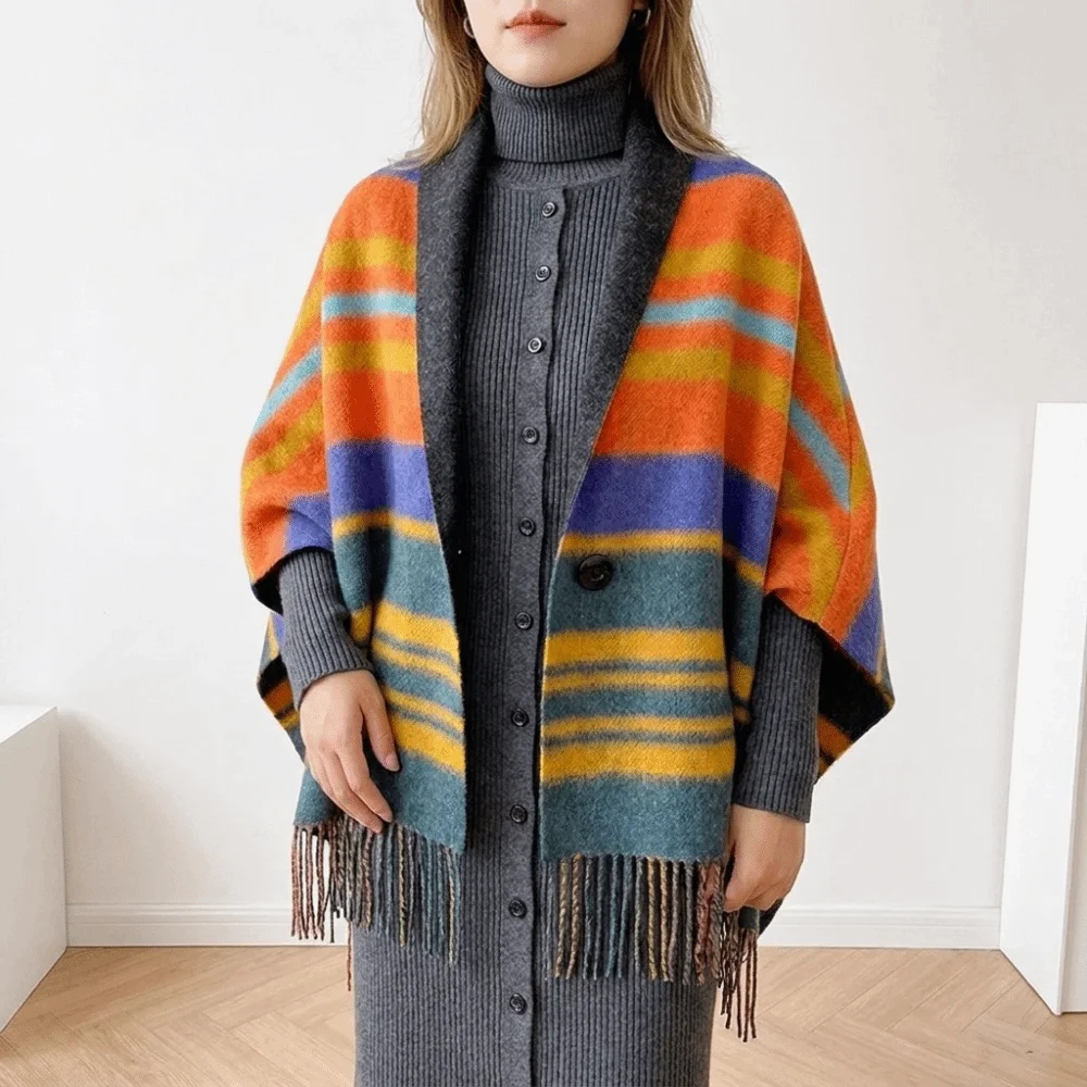 Multi-Functional Double‑Sided Plaid Poncho Shawl Faux Wool Tassel Trim Blanket Shawl Button Closure Thick Knit