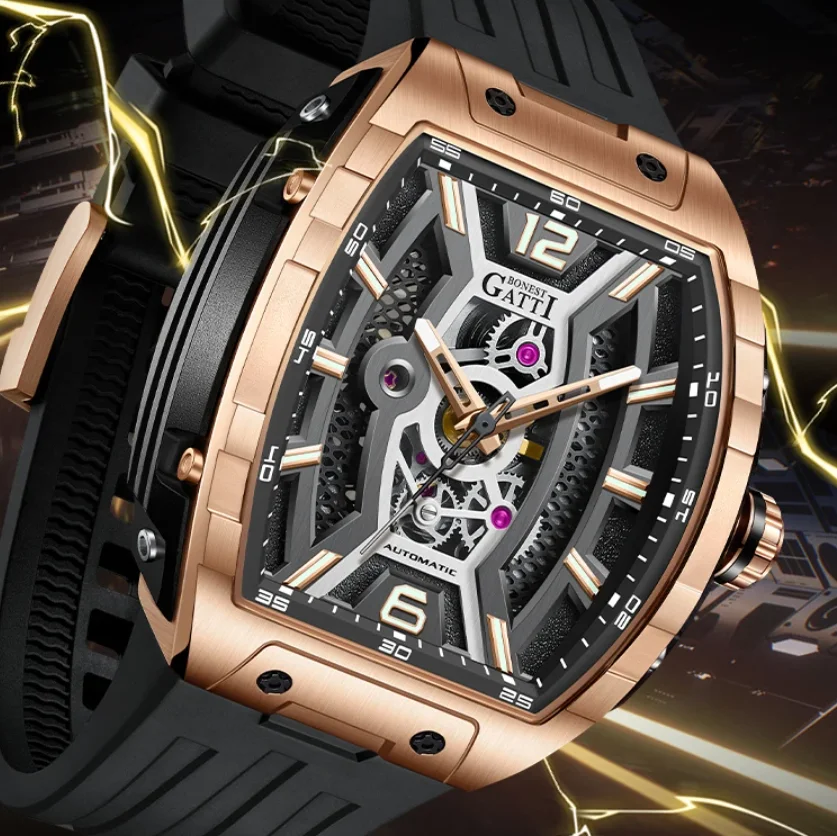 

BONEST GATTI Men Automatic Watch 46mm Tonneau Mechanical Wristwatch Skeleton Dial 50M Waterproof Sapphire Luminous FKM Strap
