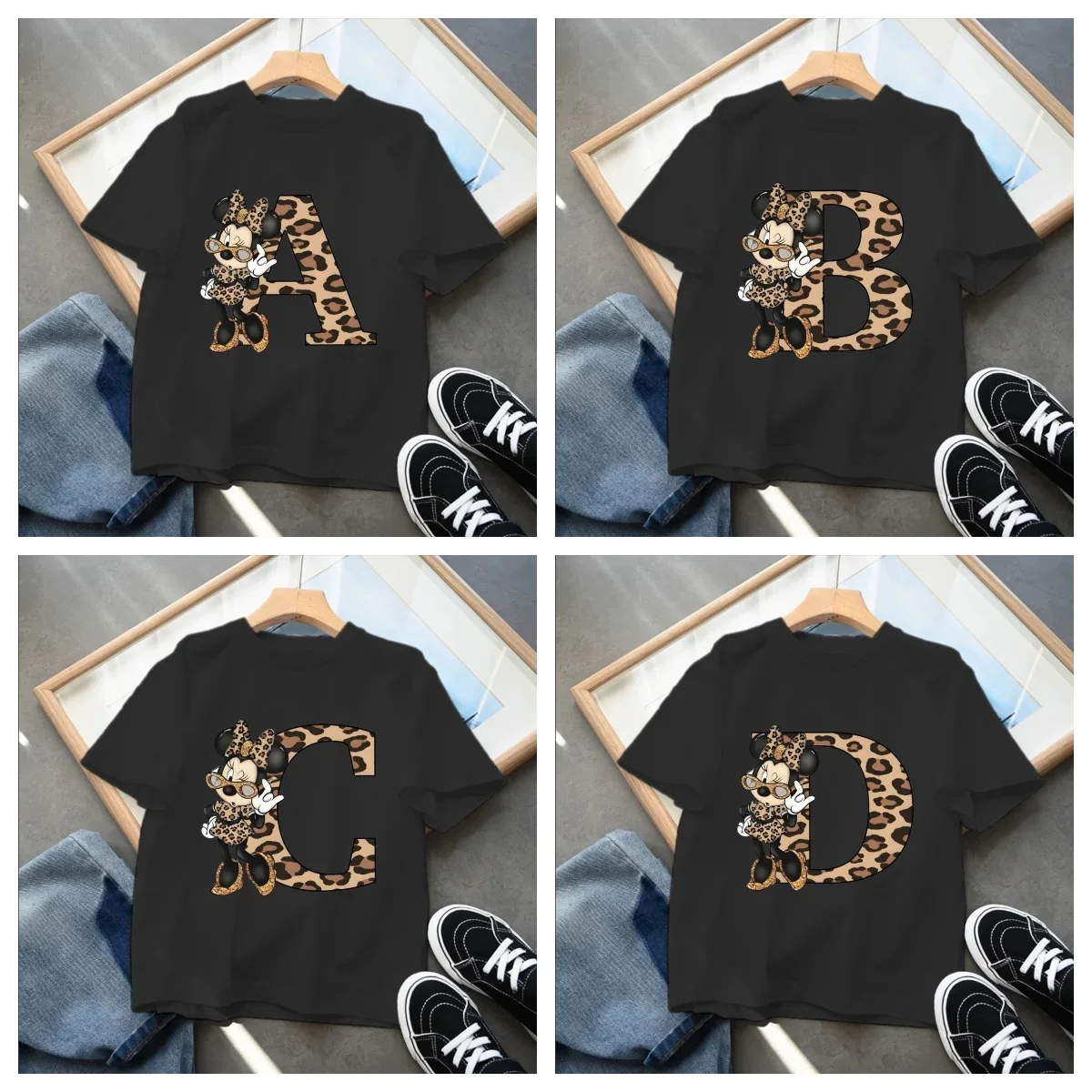 

Summer Disney Minnie Mouse Leopard Letter A B C Name Print Kids T-Shirts Girls Clothes Baby Boys T Shirt Summer Children Tops