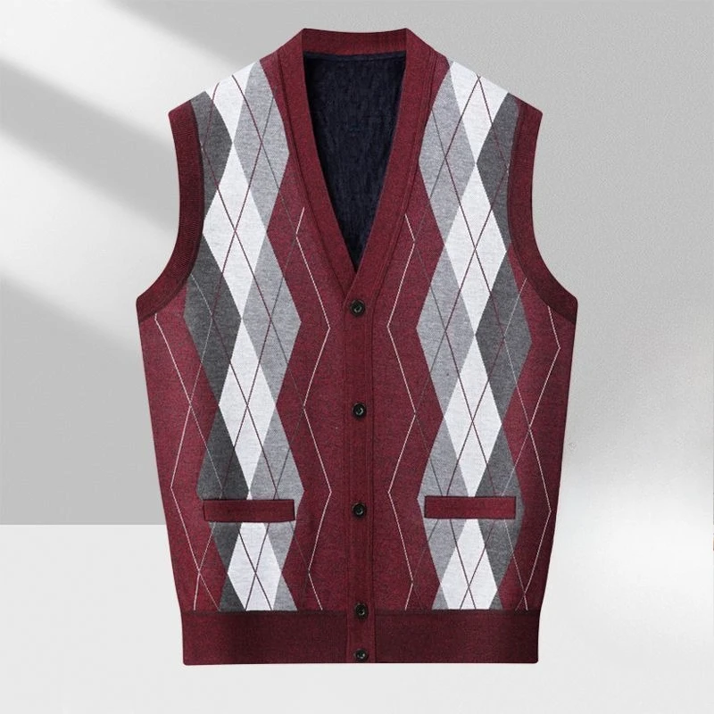 Men's Plaid Knitted Cardigan 2025 New Fleece Lined Autumn Winter Vest Loose Casual for Mature Work Top Popular Retro