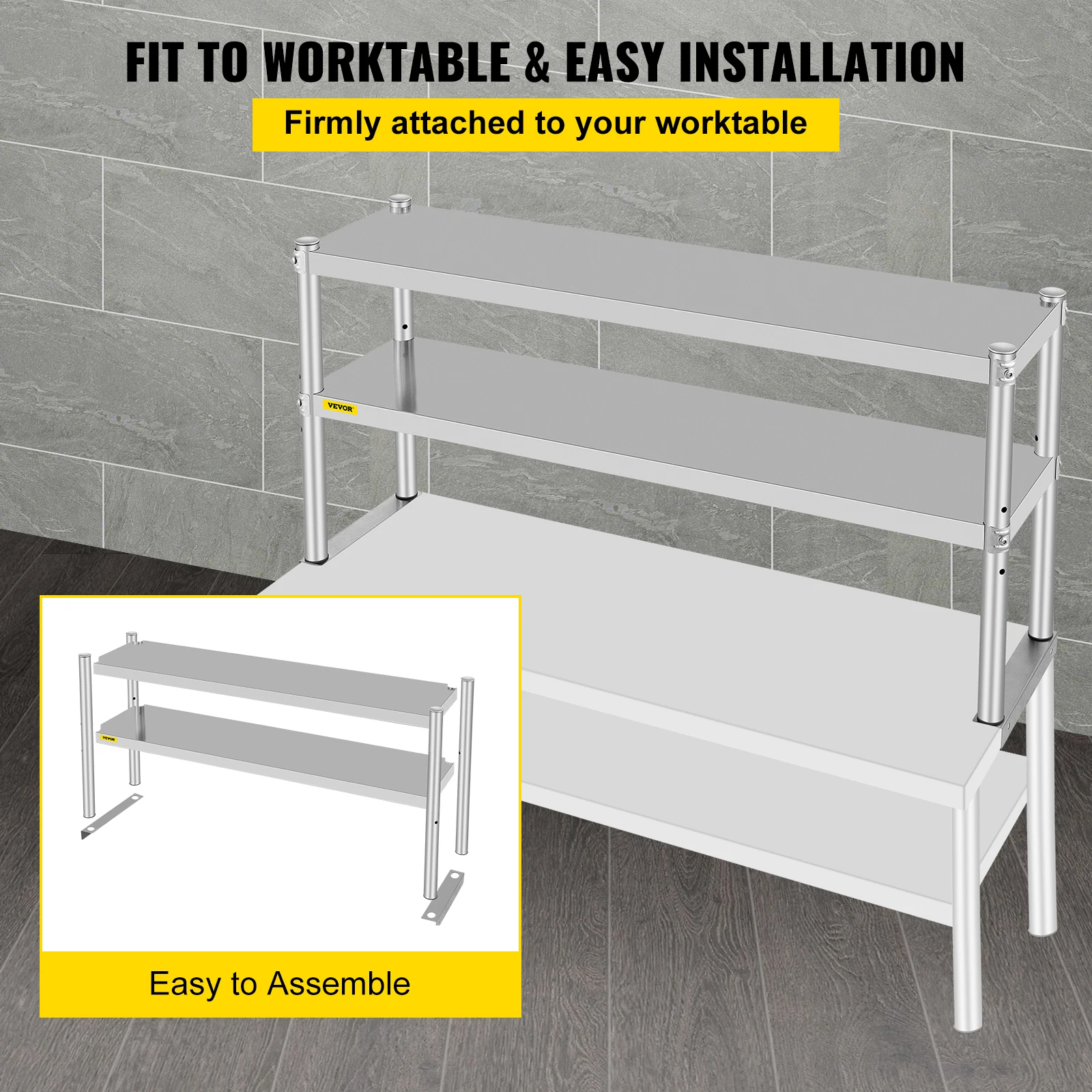 VEVOR Stainless Steel Kitchen Work Table Professional 7 Types Double Overshelf Adjustable Lower Shelf Use for Home Commercial