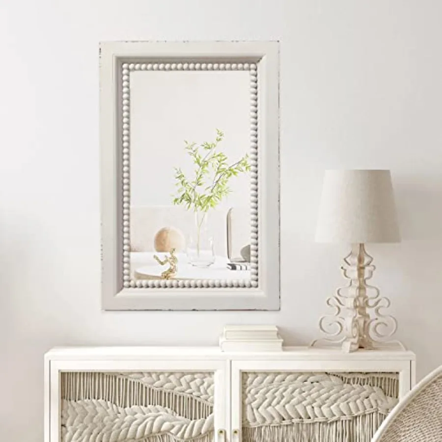

Boho White Mirrors for Wall Decor 24 x 16 Inches, Hanging Distressed Finish Wooden Frame Rectangular Rustic Mirror with Beaded