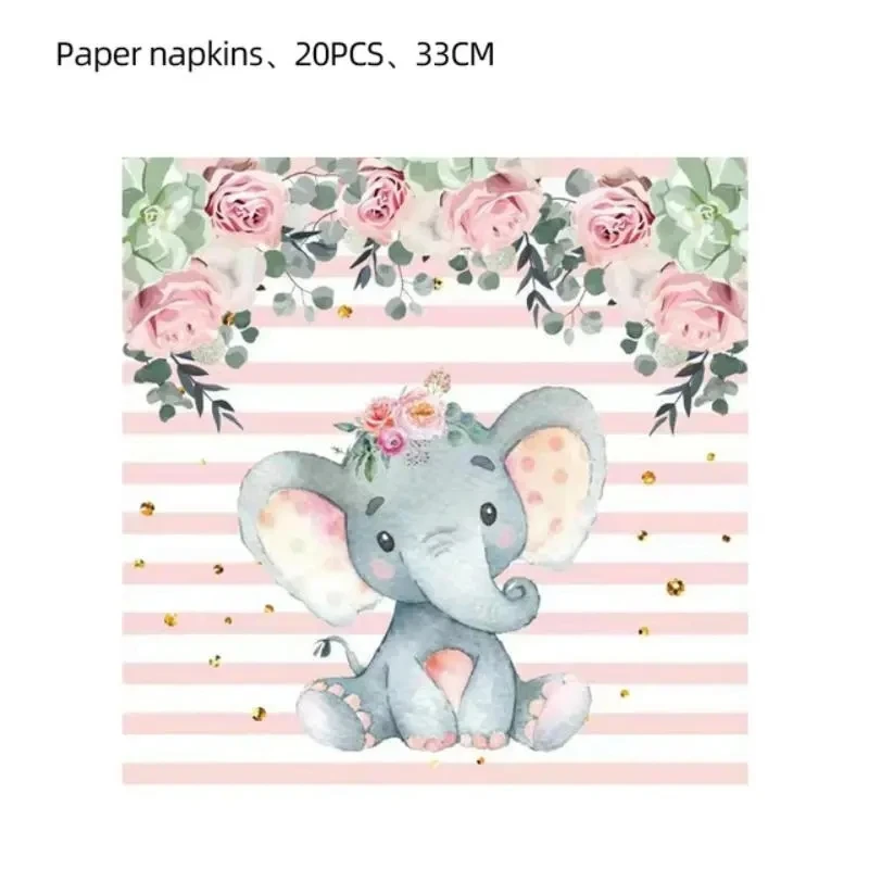 Pink Elephant Flower Theme Disposable Tableware Paper Plate Cup Napkin Banner Backdrop Decoration Set for Birthday Supplies Girl