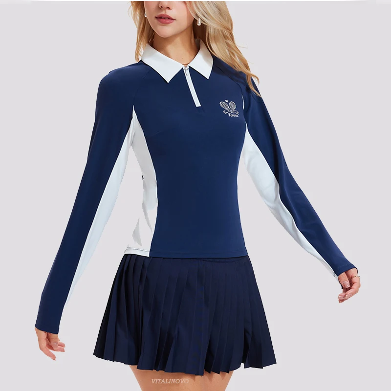 VITALINOVO Damen 2-teiliges Tenniskleid, hoch taillierter Faltenrock, Skorts, Reißverschluss, Farbblock, Golf-Poloshirts, Pickleball Athletic – Detail 8