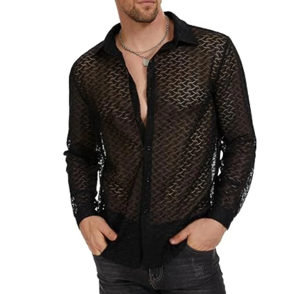 Men's Lace Perspective Shirt Fashion Solid Color Lapel Button Sexy Openwork Mesh Long Sleeve Shirt Holiday Casual Top