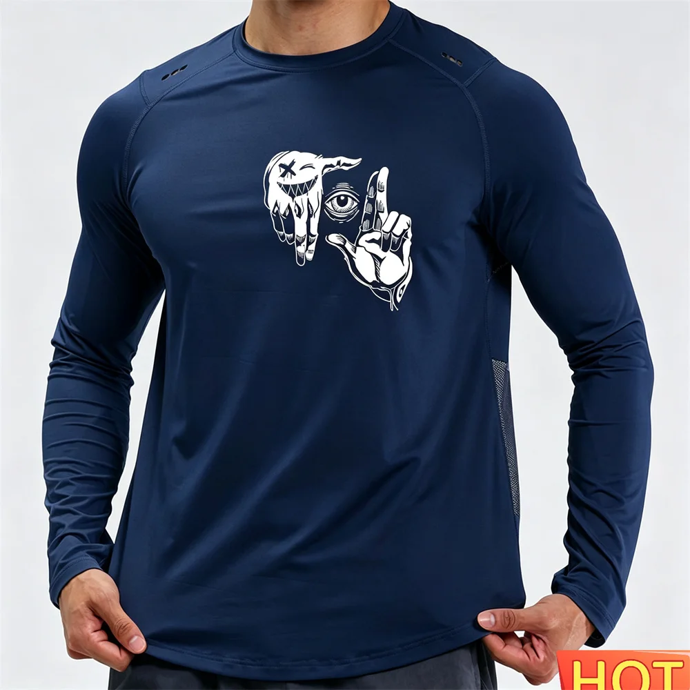 Autumn Men's Fitness Long sleeved T-shirt Anime Gesture Pattern T-shirt Cotton Elastic Loose fitness T-shirt Gym men's clothing view 2