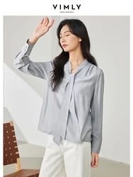 Vimly Light Blue French Style Wool Blend Women Shirt Lace-up V-neck Blouse Female 2024 Spring Elegant Straight Womens Top M5035