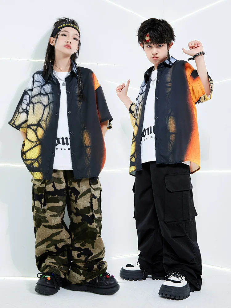 Kinder Hip Hop Dance Kostüm Kurzarm Shirt Cargo Hosen Street Dance Kleidung Jungen Mädchen Jazz Drum Show Bühne Kleidung Sets