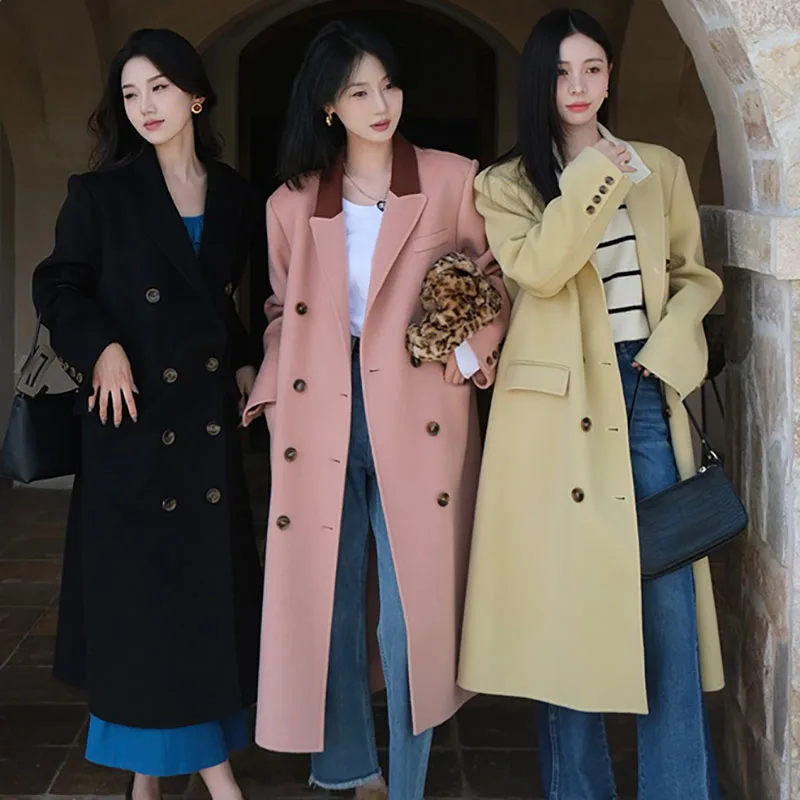 Women's Coat Winter 2023 Sale Korean Shoulder Pads Long Suit Jackets Fashion Elegant Double-sided 100% Pure Wool Female Clothing