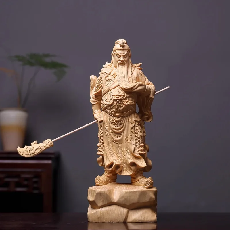 Guan Yu Wu Caishen Guan Gong Solid Wood Statue, Hand-Carved Guan Di Figurine for Office, Home Decor & Arts Crafts