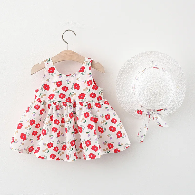 0-2Years Girl Dress+Hat 2pcs Summer Baby Clothing Sweet Bow Flower Sleeveless Dress Girls Newborn Party Princess Clothes