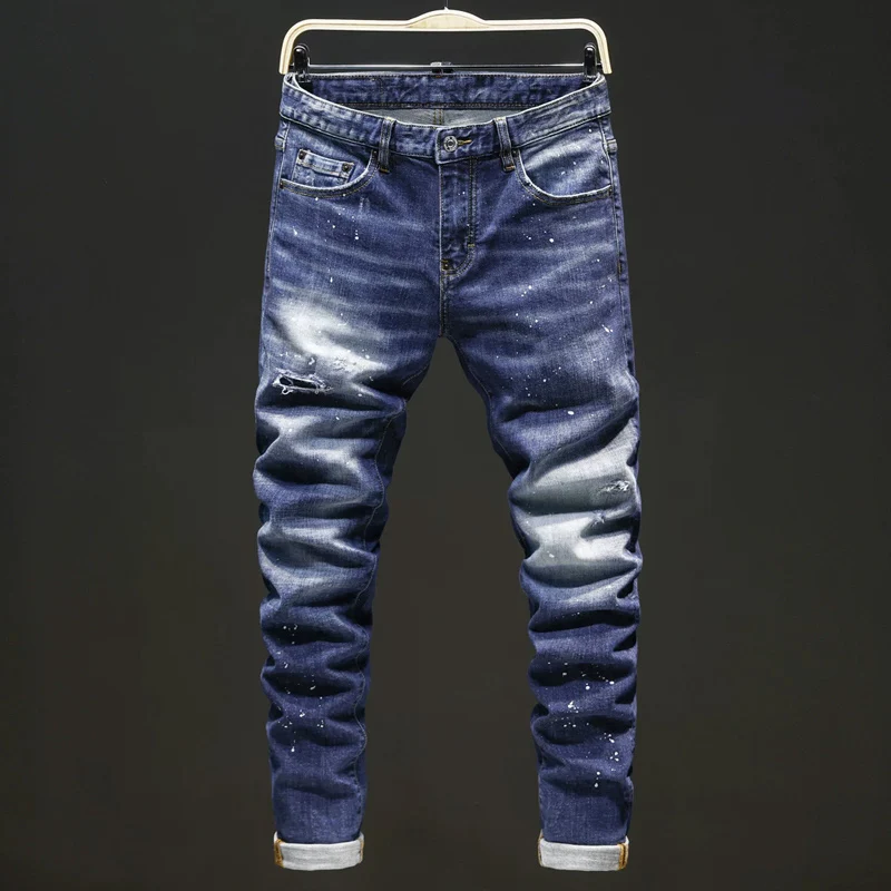 Men Deep‑Blue Streaky Wash White Paint Splatter Small Ripped Stretch Skinny Denim Jeans Hip‑Hop Streetwear Denim Jeansy2k