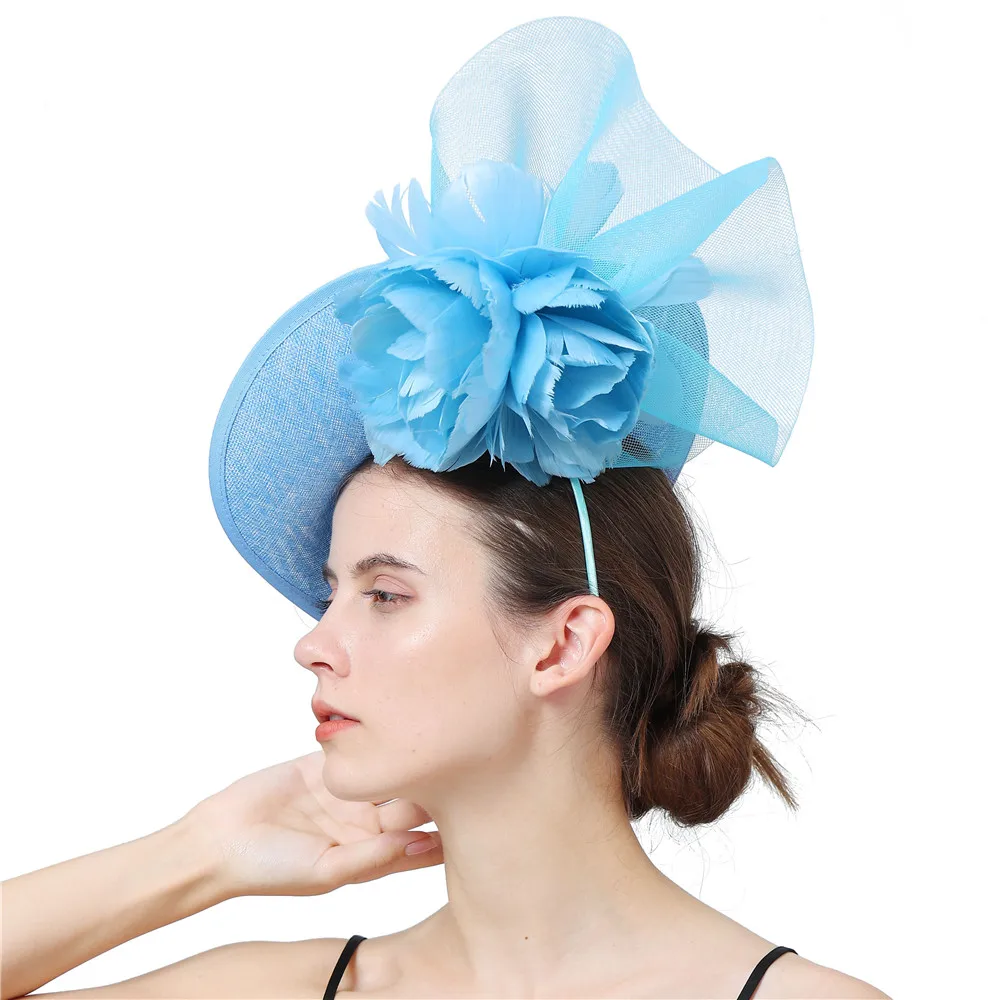 Lady Foral koktajl kapelusz beżowy imitacja lnu Fascinator baza eleganckie kobiety Derby wydarzenie Millinery akcesoria do włosów kwiat pałąk