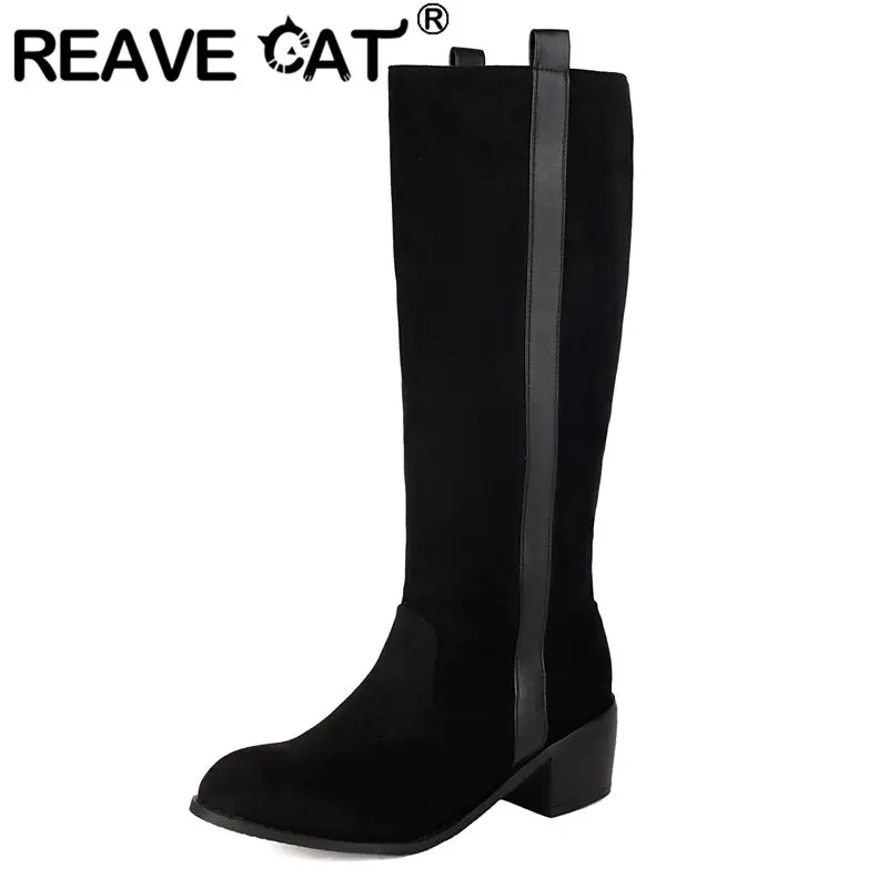 REAVE CAT Brand Leisure Female Knee High Boots Flock Suede Round Toe Chunky Heels 5cm Slip On Large Size 44 45 46 Daily Booties