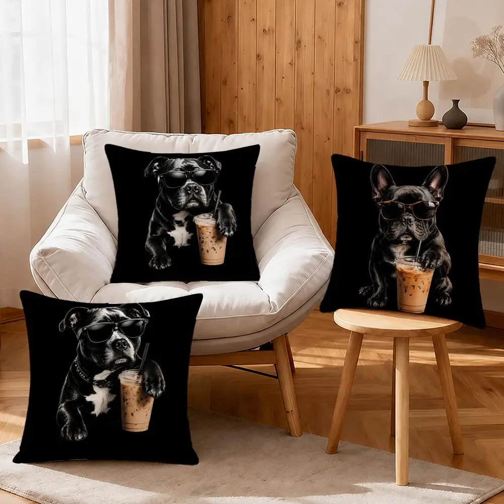 Art Harajuku Dog and Juice Graphics Cushion Cover Linen Anti-Mite Antibacterial Cushion Cover Invisible Zipper Sofa Decor
