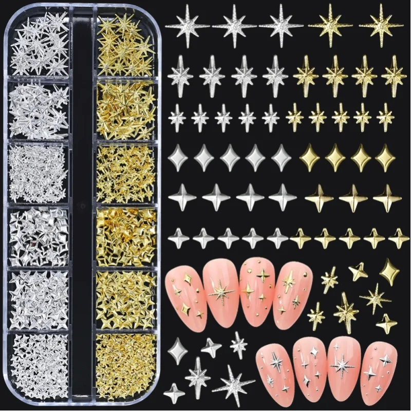1000 Stück - 12 Fächer 3D Gold Silber Stern/Kreuz Nagelnieten Legierung Metallische Sternenlicht-Nagelcharms Y2K 3D Kreuz/Stern Maniküre Nieten Nagelkunst