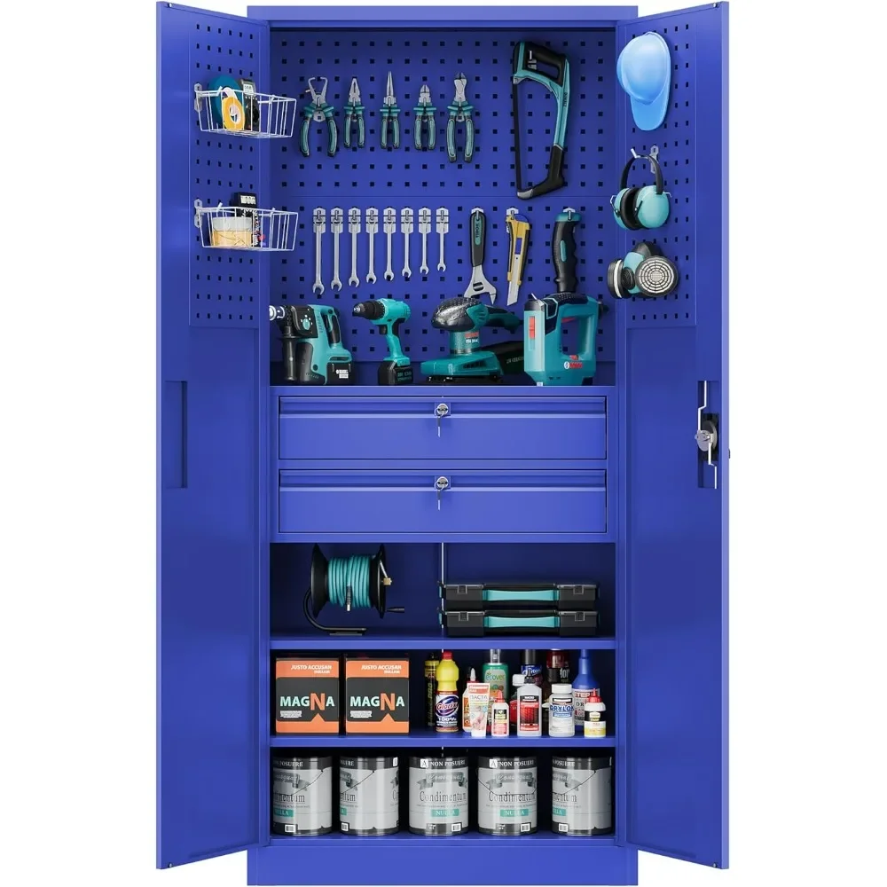 

Metal Garage Tool Storage Cabinets with Pegboard, 71" Heavy Duty Steel Cabinet with Drawer, Lockable for Garage Utility Room