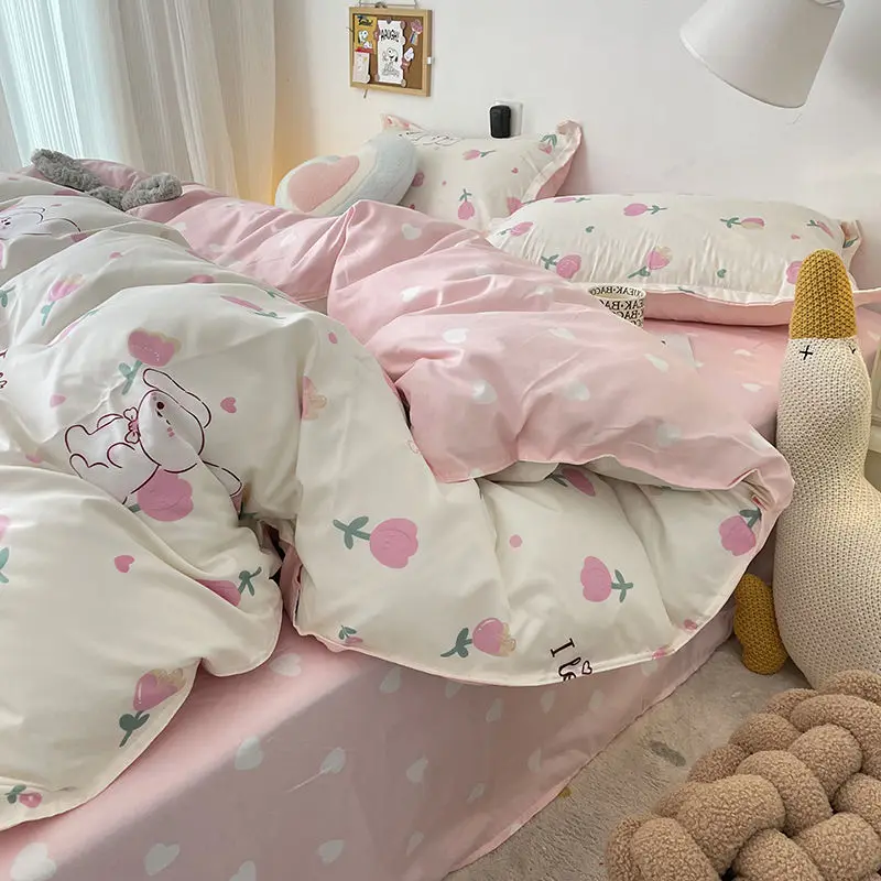 Pink Floral Bedding Set with Duvet Cover No Filler Pillowcase Flat Sheet Ins Nordic Style Kid Adult Single Double Size BedSpread