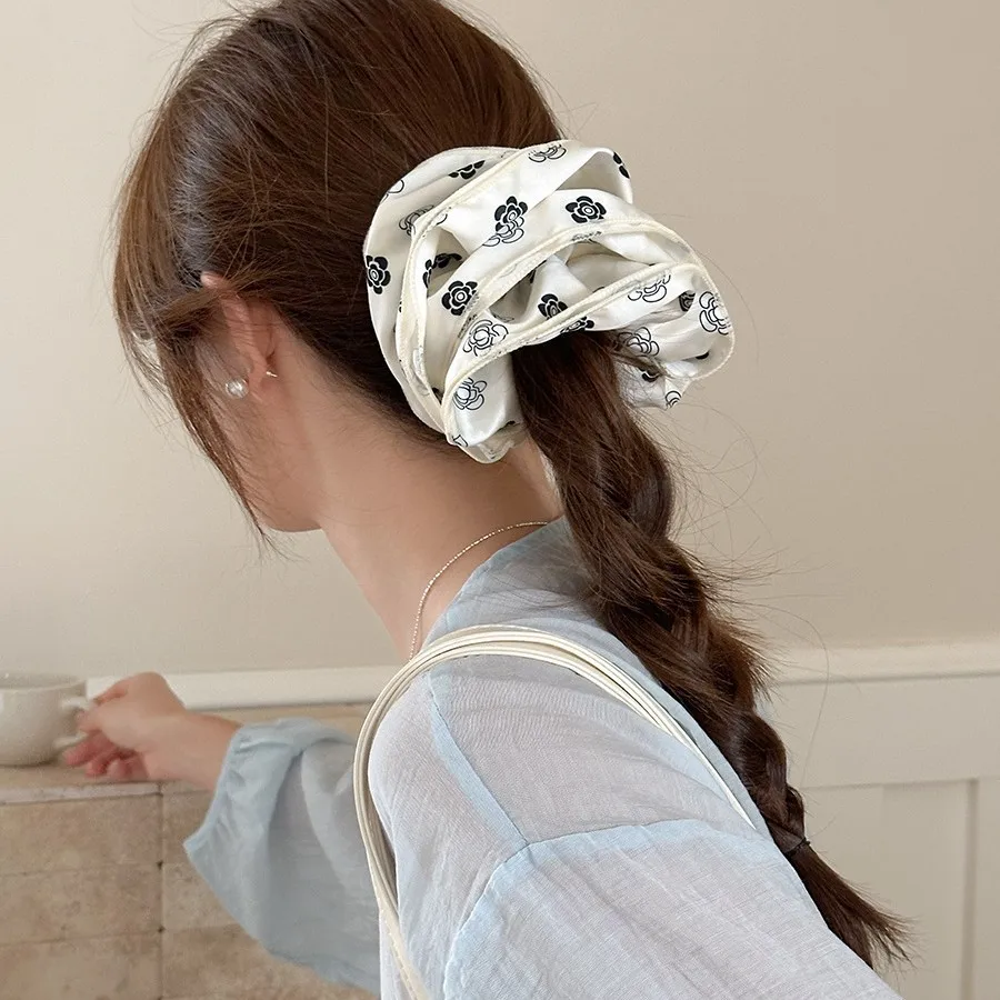 

Vintage French Satin Lace Flower Scrunchie Large Elastic Ponytail Holder Women Korean Retro Hair Rope