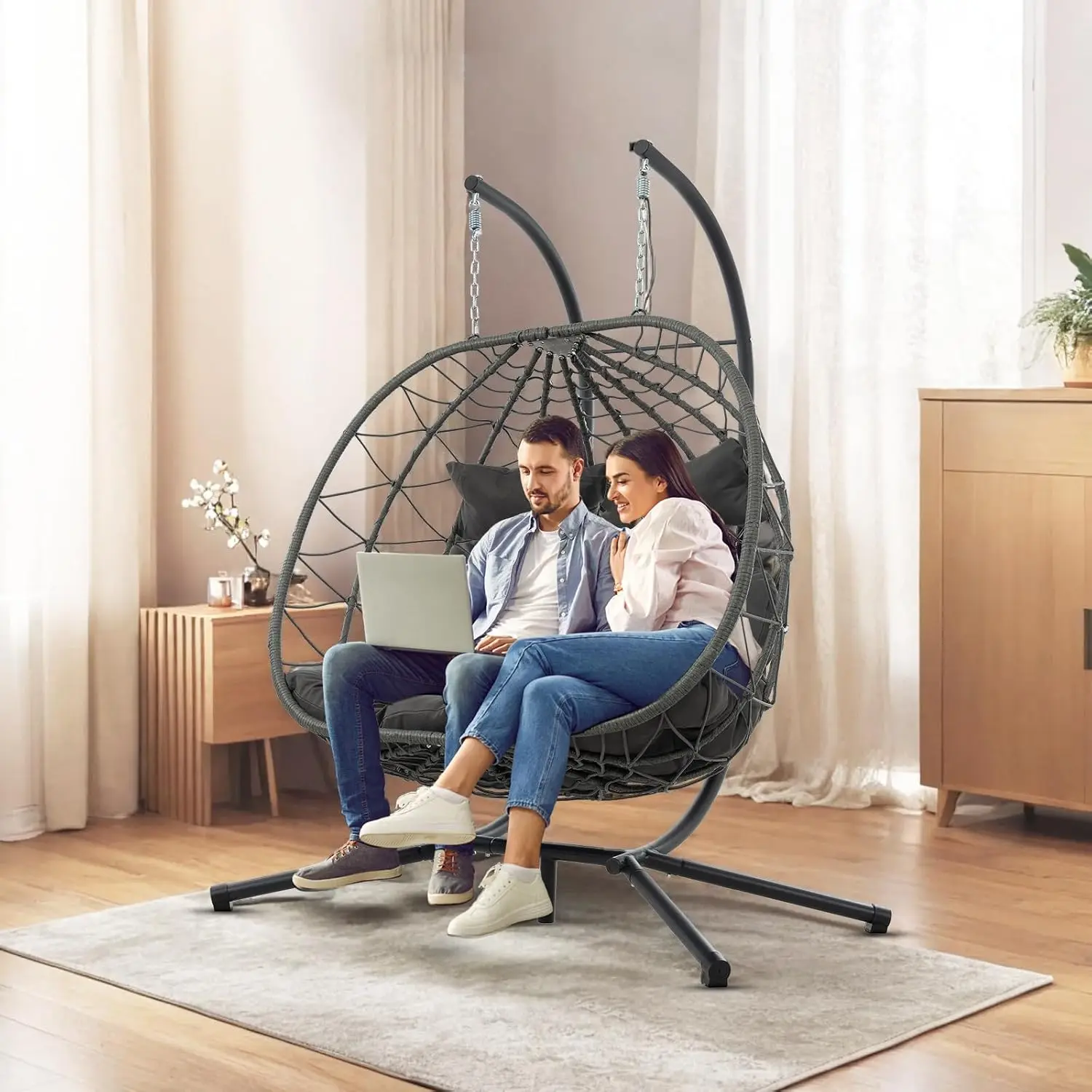 Double Egg Chair with Stand Large 2 Person Indoor Outdoor, Patio Wicker Hanging Egg Chair Loveseat, UV Resistant Removable&Washa