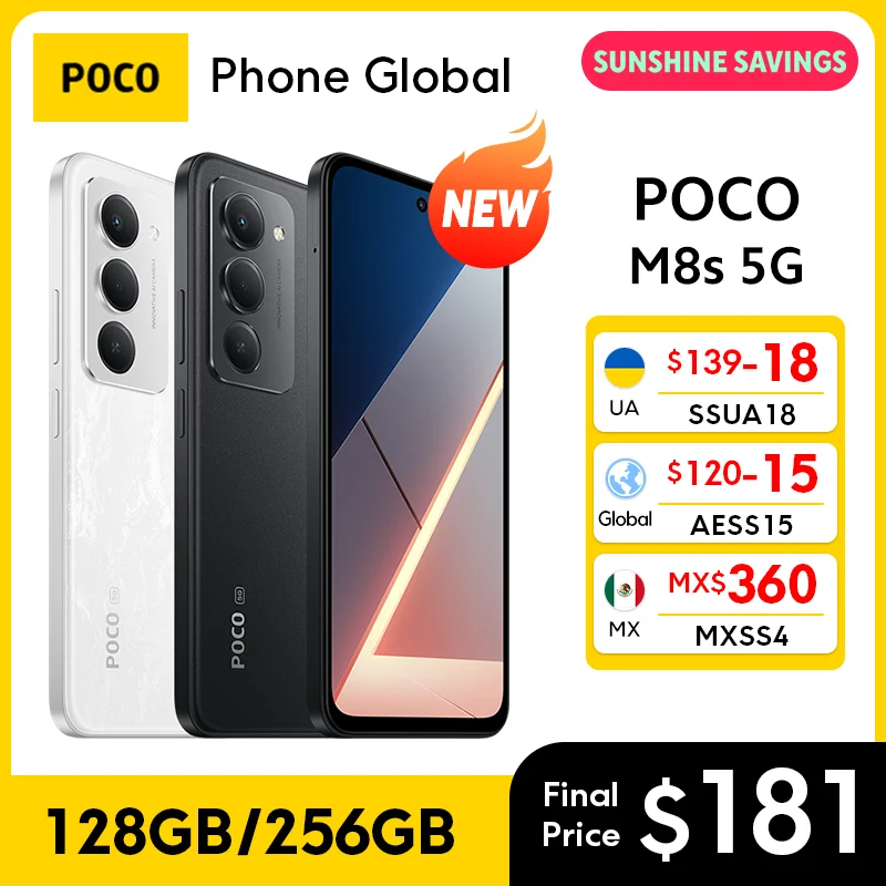 【신제품】POCO M8s 5G 스마트폰 글로벌 버전 스냅드래곤 6s Gen 3 6.9인치 144Hz 도트 디스플레이 7000mAh 33W 충전 50MP NFC