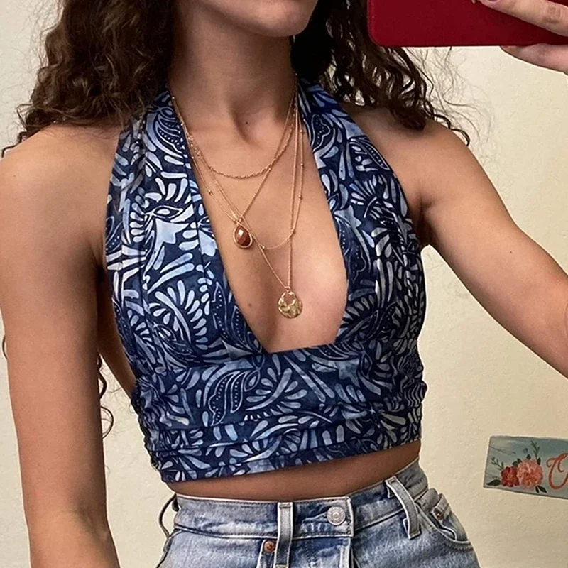 Women Cross Sling Crop Top Sexy Sleeveless Y2K Camisole Backless Halter Top 90s Vintage Printe Vest Corset Summer Beach Clothes