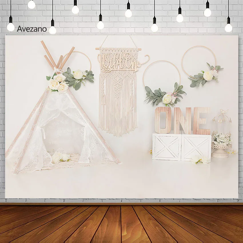 

Avezano Boho Backdrop Photography Baby 1st Birthday Party Floral Tent Cake Smash Background Decor for Photos Studio Photoshoot