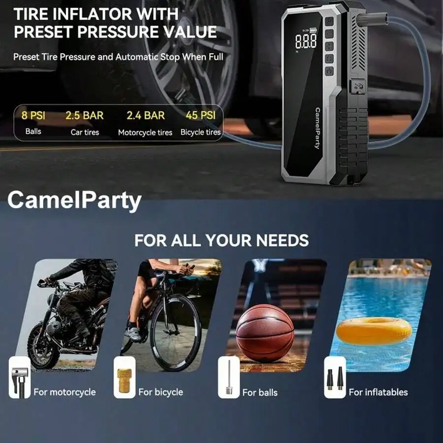 

12V 8-In-1 Portable Jump Starter And Air Compressor With 150 PSI Tire Inflator, Battery Charger, Smart Cable For Vehicles