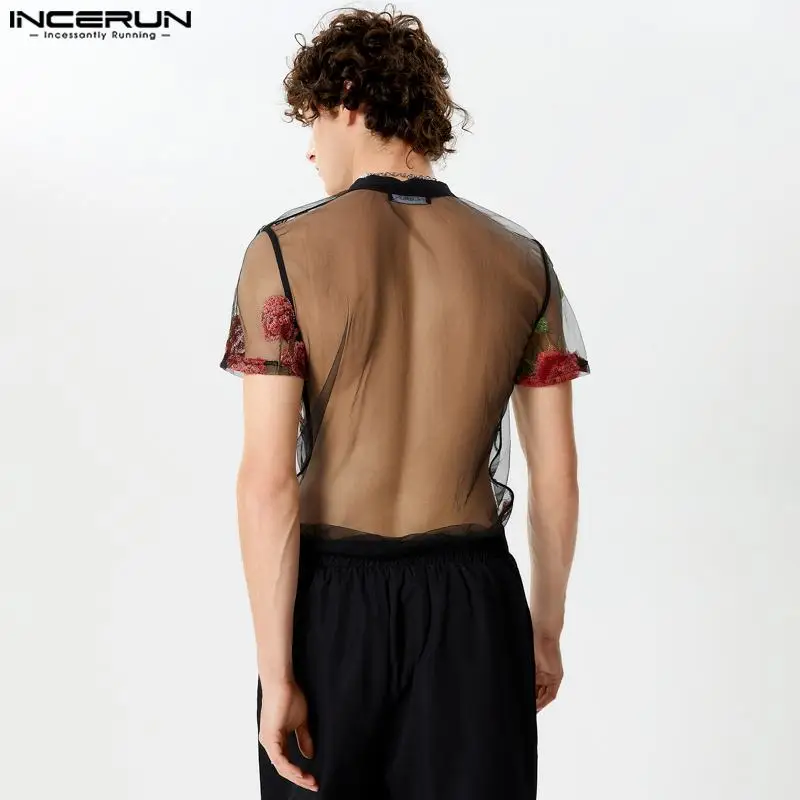 2024 Men Shirt Mesh Transparent O-neck Short Sleeve Sexy Casual Men Clothing Embroidery Streetwear Fashion Camisas S-5XL INCERUN