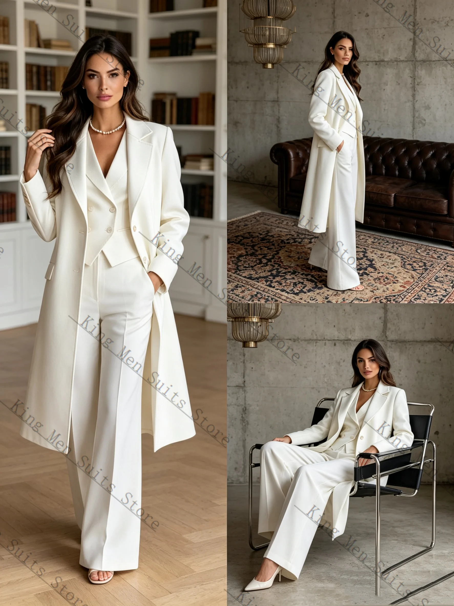 

Long White Women Suits Set 3 Piece Blazer+Vest+Pants Trousers Formal Customized Office Lady Jacket Bridal Wedding Prom Coat
