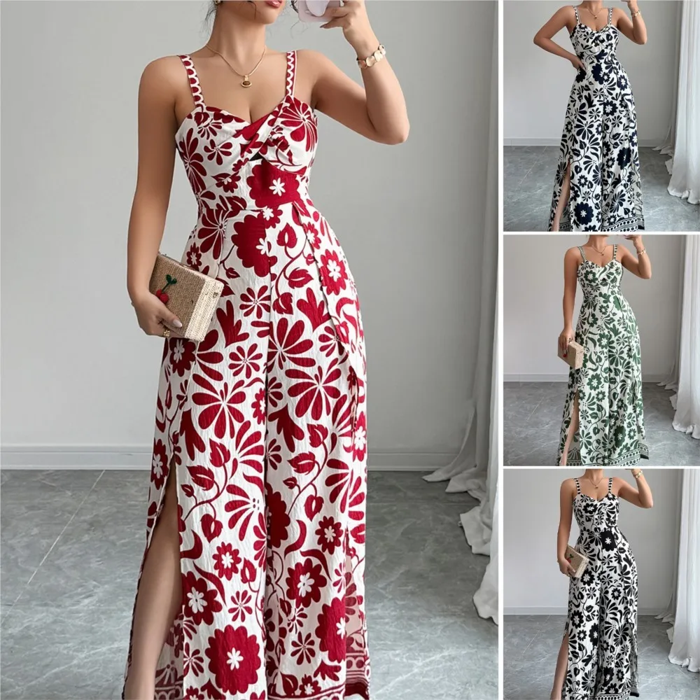 Tuta da donna sexy a gamba larga stampata con scollo all'americana Moda pantaloni a gamba larga con spacco irregolare Tuta da vacanza al mare femminile elegante e sottile