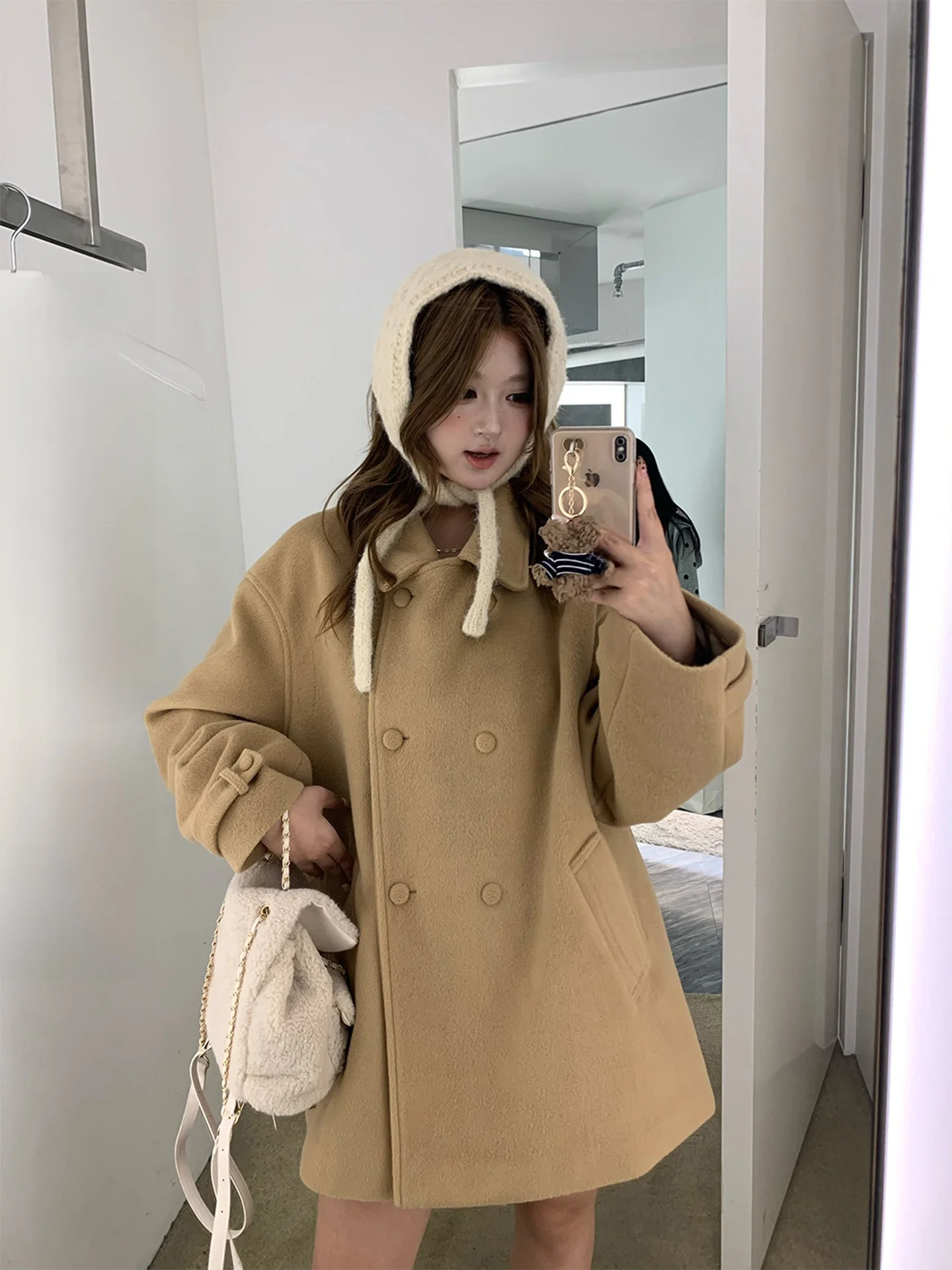 

London Metropolitan Sle корейское свободное двубортное шерстяное пальто для полных женщин нежное пальто средней длины с воротником-стойкой