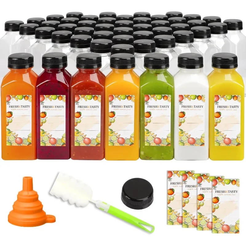 

100pcs 12oz Clear Plastic Juice Bottles with Caps Lids Label Funnel Brush for Juicing Smoothie Milk Beverage Containers