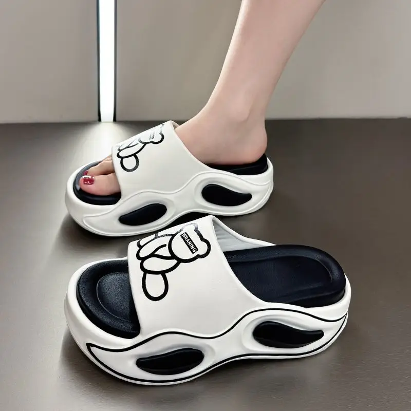 

New Bear Pattern Slippers Woman High Heel Platform Slides Home Shoes Beach Clogs Women Summer Chunky Slipper 6.5 cm Thick Sole