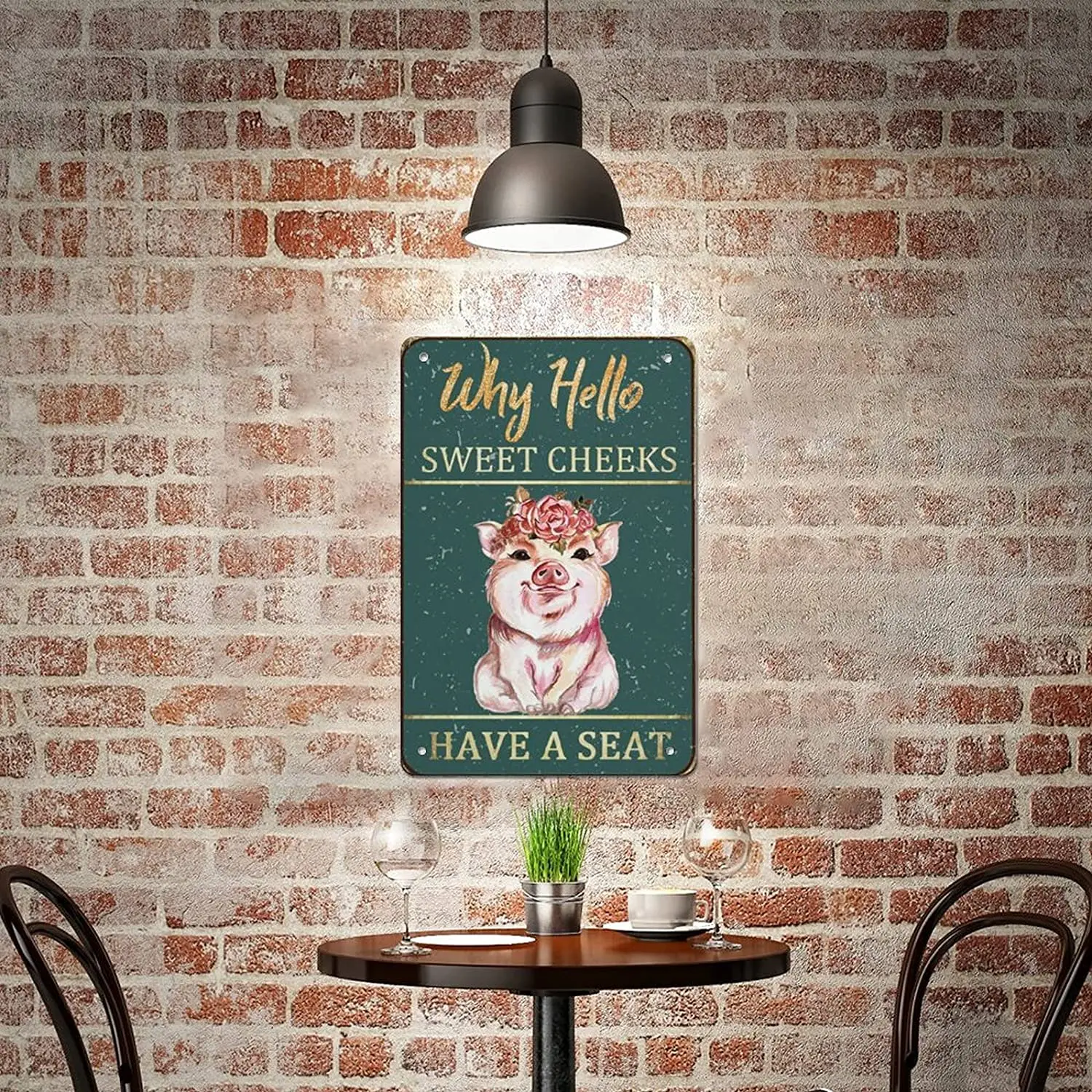 Funny Toilet Restroom Pink Pig Why Hello Sweet Cheeks Have A Seat Retro Metal Tin Sign Vintage Sign for Home Coffee