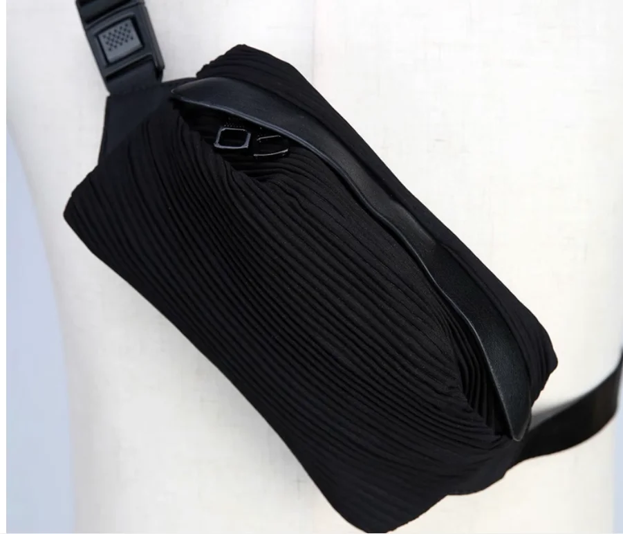 IN STOCK Miyake pleated  canvas casual solid color Folding bag Messenger black bag HOT SELLING