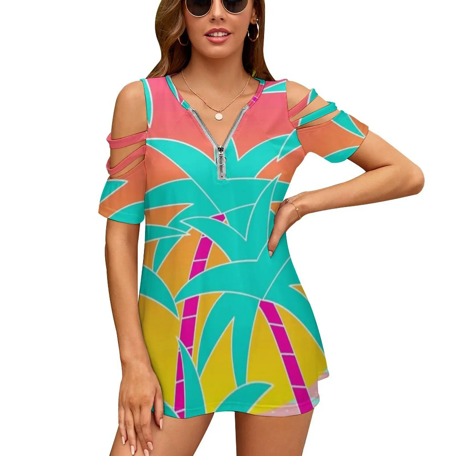 Hello Miami Sunset New Fashion Zip Off Shoulder Top Short-Sleeve Women Shirt Palm Trees Fantasy Sunset Tropical Design Memphis