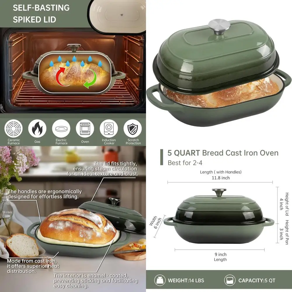 

Чугунная эмалированная сковорода-казан, 5 кварт, овальная, с антипригарным покрытием, для выпечки хлеба, идеально подходит для заквасочного хлеба, батонов и хлебов ручной работы (зеленая, 5 кварт)