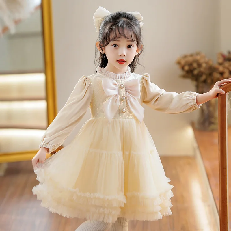 Lovely Long Sleeve Bows Flower Girls Dresses Princess Child Ball Gown Kids Formal Special Occasion Custom