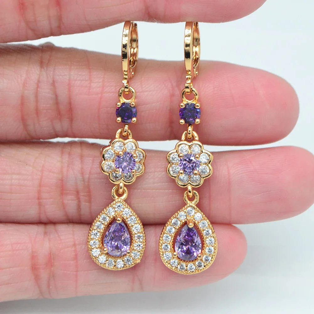 Gold Color Women Blue Cubic Zirconia CZ Water Drop Wedding Earrings Jewelry