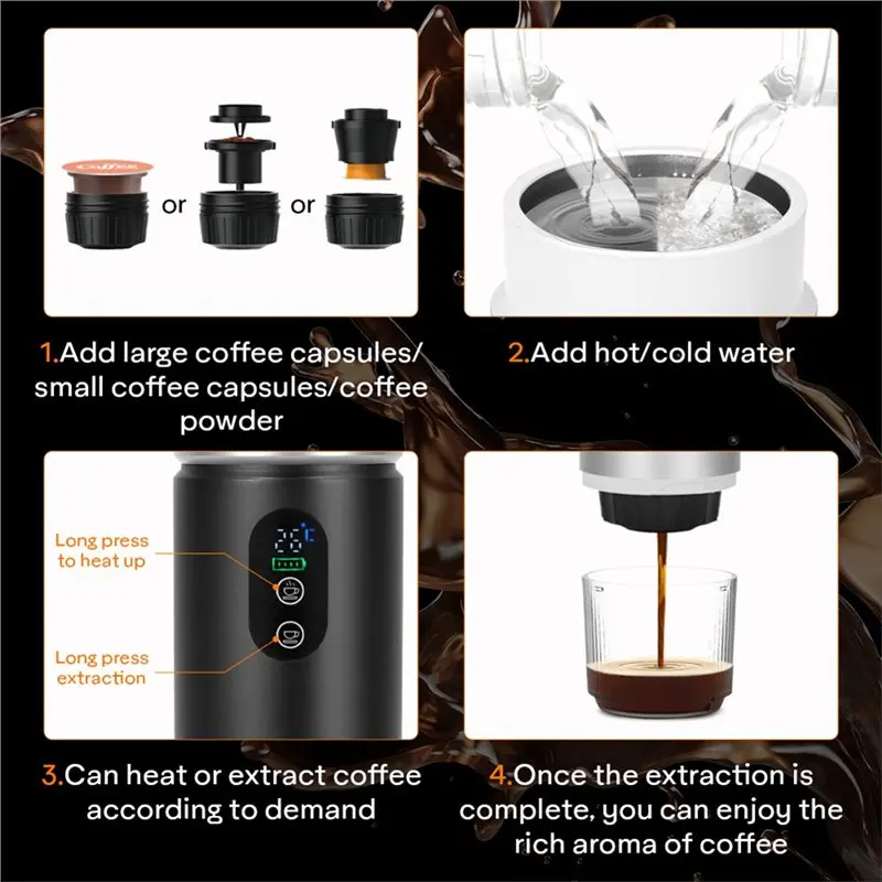 Efficient-Portable Coffee Machine 80Ml Self-Heating 20Bar Espresso Coffee Maker For Travel Office Capsule& Ground Type Machines