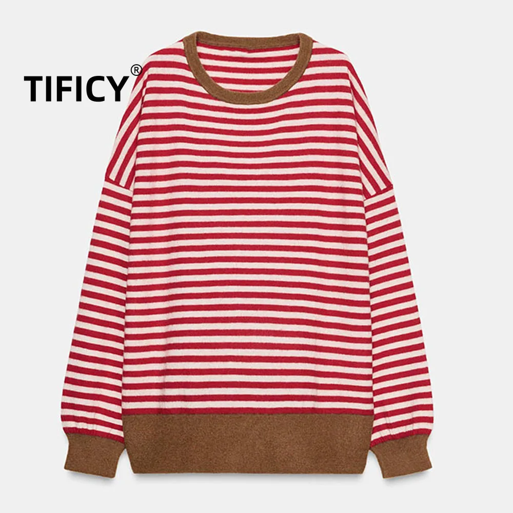 

Футболки High Street, осенняя новая женская одежда, простой и универсальный свободный вязаный свитер в полоску с круглым вырезом и длинными рукавами