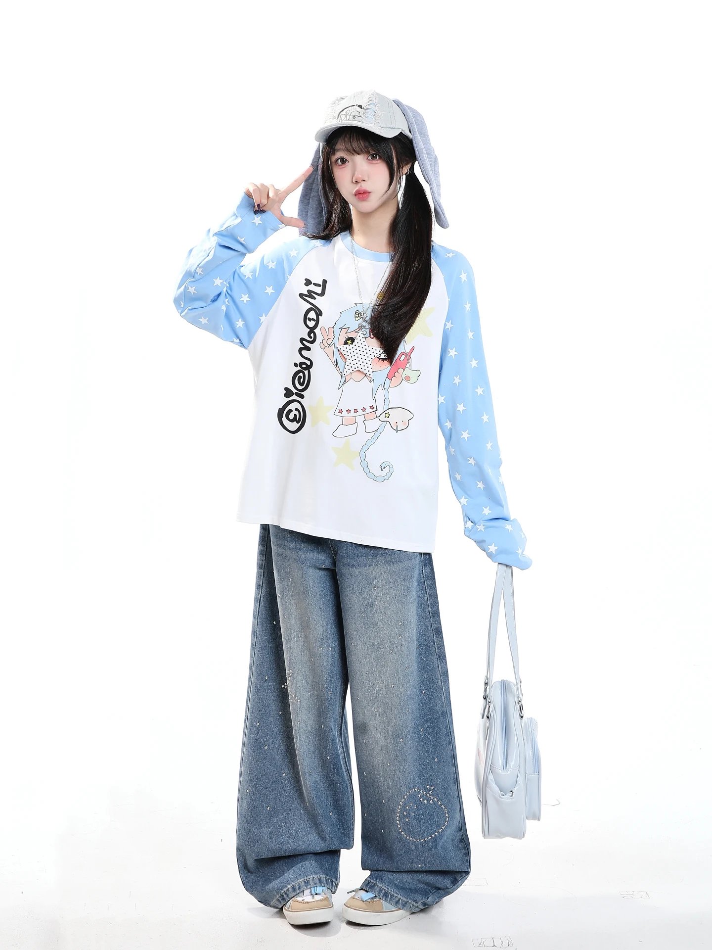 Retro American Star Rhinestone Wide Leg Denim Jeans Women's Loose Washed Autumn Long Pants Casual Straight Fit Floor-Length