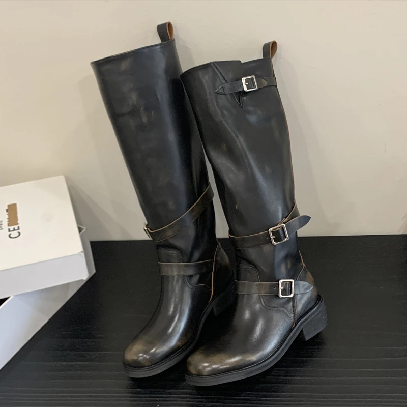 

Eilyken Women Knee-High Boots Designer Splicing Color Belt Buckle Booties Fashion Round Toe Square Low Heels Shoes