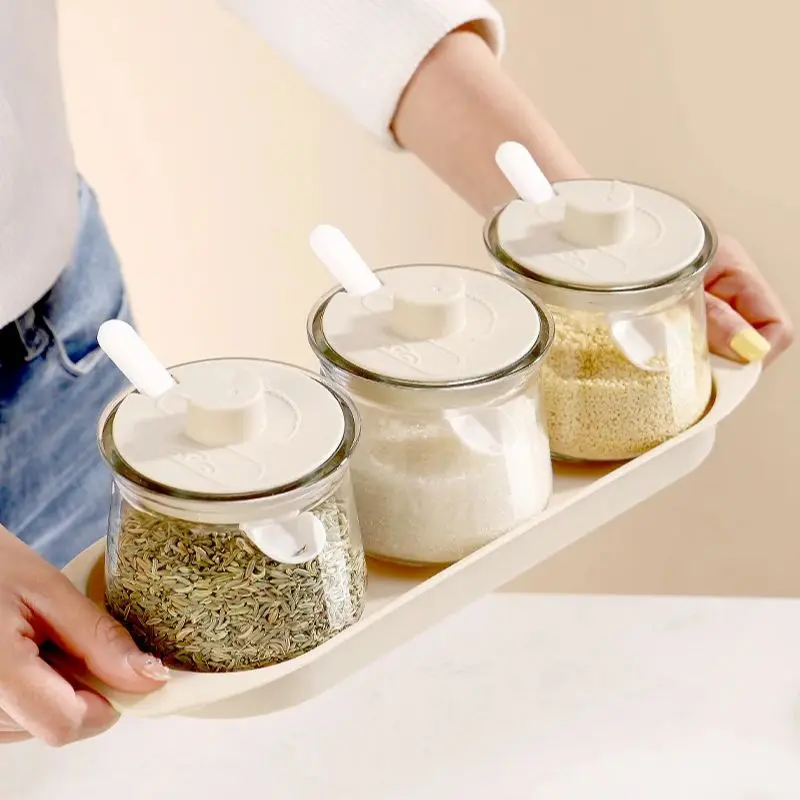 3PCS Kitchen Spice Jars with Lids Holder Spoon Glass Seasoning Containers Box for Salt Sugar Spice Jars Set Kitchen Accessories