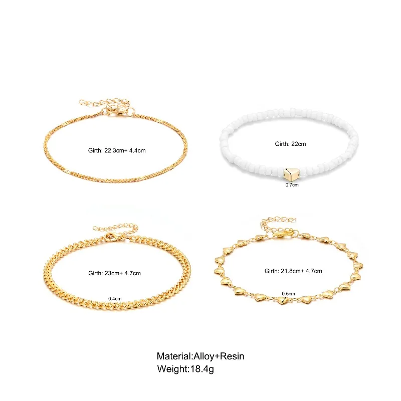 Layered Anklet Set of 4 Vintage Beach Metal Chain Heart Bead Foot Jewelry for Women Daily Non Slip Lightweight Premium Quality