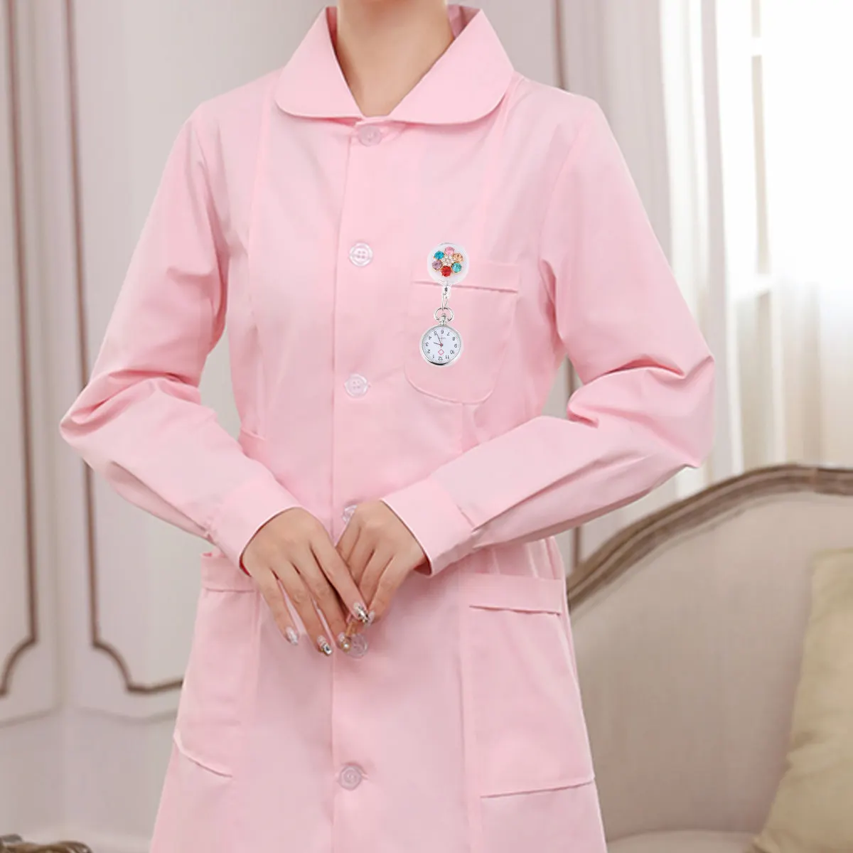 

1Pcs Doctor Nurse Pocket Watch with Flower Shaped Rhinestone Decor Premium Material Pin Style Fob Watch for