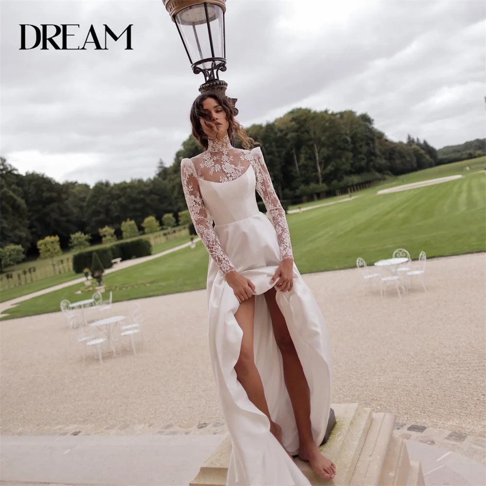 

Dream Lace Long Sleeve Satin Wedding Dress 2025 Boat-Neck Pleat Appliqued Open Back Bridal Gown Vestidos De Novia Customized